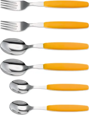 A set of cutlery with yellow handles against a white background.