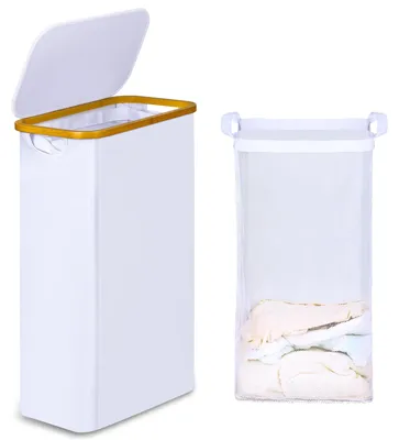 Immagine prodotto di Cesto per la biancheria da 60 litri, in bambù, stretto, con coperchio, pieghevole, ideale per la camera da letto