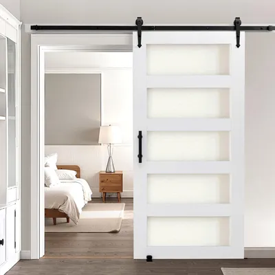 Immagine prodotto di VEVOR Porta scorrevole in stile fienile Sistema di porte scorrevoli (1067 x 2134 mm) in pannelli MDF ad alta resistenza e vetro smerigliato, porta fienile con kit hardware e superficie in PVC impermeabile e telaio a H per bagno
