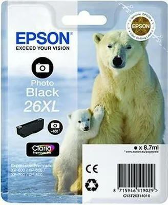 Packaging for an Epson 26XL Photo Black ink cartridge featuring polar bears.