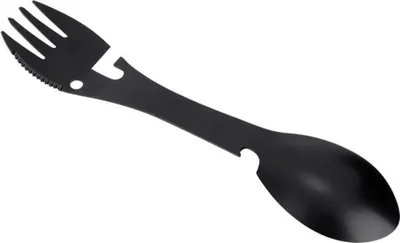 Immagine prodotto di posate da esterno 5 in 1, forchetta in acciaio inox, cucchiaio con apribottiglie e apriscatole, nero per campeggio ed escursionismo