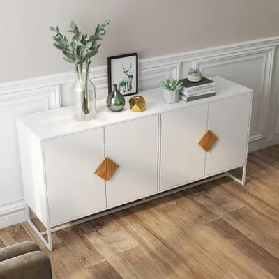 Obrázek produktu pro Skříňka na boty do předsíně se 4 dvířky, bílá s hnědými úchytkami a úsporným designem