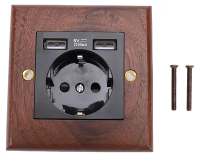 Produktbild von Wandsteckdose mit schwarzem Walnussholzpaneel, 16-A-Steckdose mit zwei USB-Anschlüssen für den Innenbereich