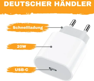 Produktbild von Ladegerät 20W + 2m Ladekabel USB-C für iPhone 5, 6, 7, 8, X, XS, XR, 11, 12, 13, 14 Pro, Max , Adapter und Lightning