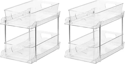 Productafbeelding van Set van 2 transparante badkamerorganizers, met 2 niveaus en uitschuifbare plastic lades, geschikt voor onder de wastafel en in de keuken