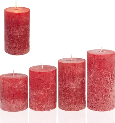 Produktbild von Candelo 4er Set Rustik Kerzen Ambiente Weihnachten - Adventskranz Kerze Rustic - Rot / Red - 8/10/12/14cm - Brenndauer von 35/42/54/63 Stunden