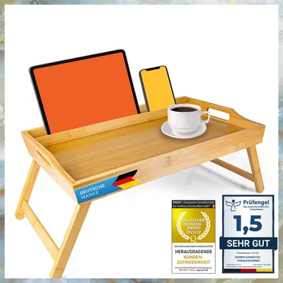 Produktbild von Klappbares Frühstückstablett aus edlem Bambus Holz – XXL Betttablett Serviertablett mit Füßen für Bett, Couch & Sofa (70x45x25cm)