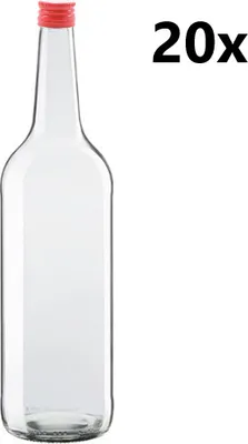Obrázok produktu pre Fľaša na ALKOHOL 1000 ml číra 20 ks VČETNE červených uzáverov, počet kusov v balení: 20
