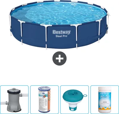 Produktbild von Bestway Round Steel Pro Swimmingpool – 396 x 84 cm – Blau – inklusive Pumpe Filter - Chlorschwimmer - Chlor