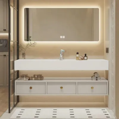 Produktbild von Badezimmer-Set, Sinterstein thermogeformtes Waschbecken, LED-Spiegel, Schubladenschrank, inkl. Abflussgarnitur, wandhängendes Möbel 120×55 cm 【R255】