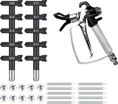 Produktbild von 17 Stück Airless-Farbspritzpistole mit Düsenschutz, Sprühspitzen und Airless-Farbspritzpistolenfilter für Airless-Sprühmaschine, Farbzubehör (verschiedene Größen)