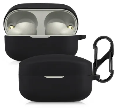 Produktbild von kwmobile Schutzhülle für Sony WF-1000XM4 Hülle - TPU Silikon Case für Kopfhörer Ladecase - stoßfestes Cover mit Karabiner - Schwarz