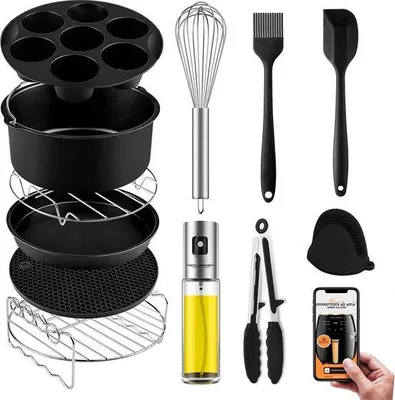 Produktbild von Großraum-Haartrockner-Accessoires, 4,2 l - 6,5 l, Set von 13 XXL, für quadratische und runde Haartrockner geeignet, mit Ölsprühnebel, Backstopfen, Backform, Kuchenform, Pizzaformen, Muffinformen.