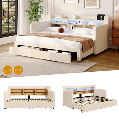 Obrázok produktu pre Jednolôžková posteľ 90 x 200 cm, rozťahovacia, s čalúnením z velúru, s LED osvetlením, úložným priestorom a zásuvkami, nosnosť do 150 kg, bez matraca, farba: béžová