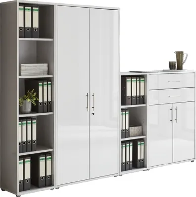 Produktbild von Aktenschrank TABOR 22 in lichtgrau / weiß Hochglanz, Schrankwand, Büroschrank, abschließbar, Metallgriffe