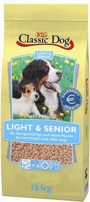 A bag of dog food with images of dogs and text describing the product.