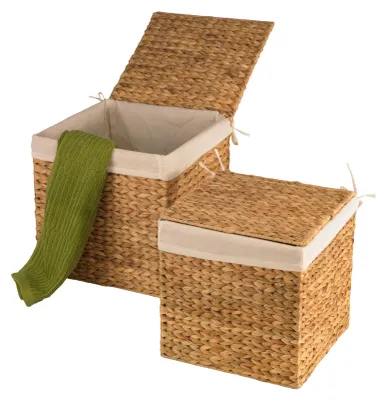 Produktbild von Wasserhyazinthe Körbe Truhen 2er Set quadratische Körbe, edel geflochten, Geschenk Handarbeit, nachhaltig, Aufbewahrungsbox mit Deckel