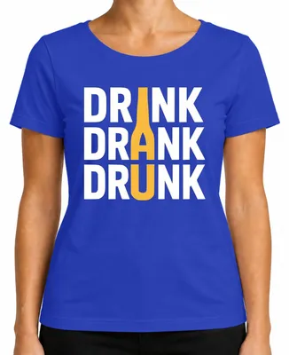 Imagen del producto de CAMISETA para mujer, color azul, talla L. Diseño: "BEBER, BEBIÓ, BEBIDO". Motivos: botella de cerveza, fiesta, beber, bar, regalo, estilo retro