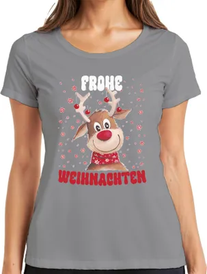Produktbild von Frohe Weihnachten Süßes Reh Rentier - Weihnachten Xmas Christmas Damen T-Shirt, Grau, XXL