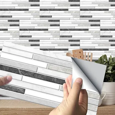 Produktbild von Packung mit 54 Fliesenstickern, 3D Steinoptik, 20 x 10 cm, selbstklebende Dekorationsaufkleber, Fliesenaufkleber für Küche und Bad (Grau-02).