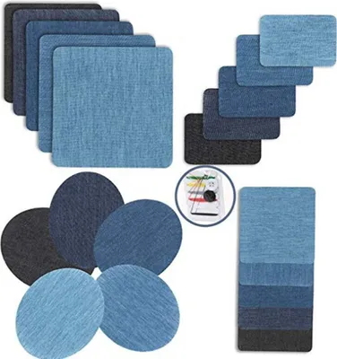 A collage of various denim patches in different shapes and shades of blue and gray, along with a small sewing kit.