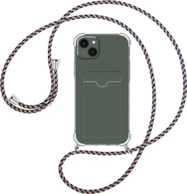 Produktbild von Handykette Backcover-Schutzhülle mit Band (Metall silberfarben) für Apple iPhone 15 Plus - blau+beige
