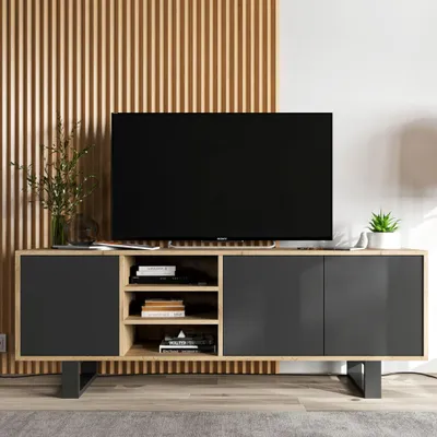 Produktbild von Loft TV-Schrank TV-Lowboard Apollo Dreitürig Zwei Metallfüße Modern Lindner Möbel 150cm x 53cm x 35cm Farbe: Wotan Eiche matt - schwarz