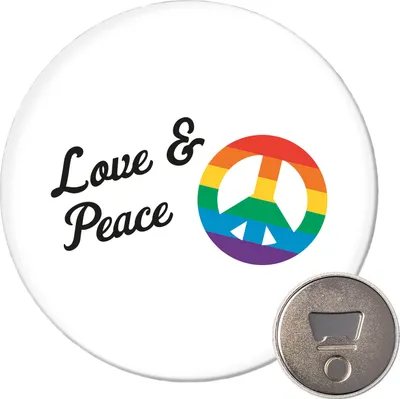Produktbild von Huuraa Magnet Love & Peace 59mm Kühlschrankmagnet rund Flaschenöffner Geschenkidee