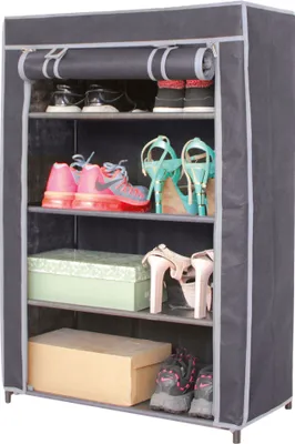 A fabric shoe rack with multiple shelves filled with various shoes and boxes.