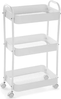Produktbild von Versa Rogsta Badezimmer-Hilfsmöbel, Aufbewahrungswagen oder -karren, mit 3 Einlegeböden und Rollen, Maßnahmen (H x L x B) 76 x 30 x 46 cm, Metall, Farbe: Weiß