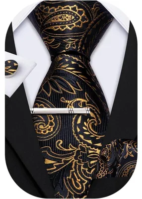 Produktbild von Herren Krawatten Set Seide Paisley Einstecktuch Manschettenknöpfe Schwarz Gold