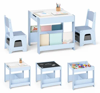 Produktbild von KOMFOTTEU 4 in 1 Kindertisch mit 2 Stühlen, Kindermöbel platzsparend | Kindersitzgruppe mit beidseitiger Tischplatte & Seitenregalen & 2 Stoffboxen, für Kinder zum Zeichnen, Lesen & Spielen