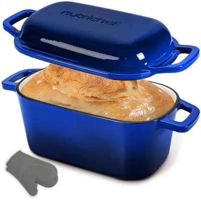 Produktbild von NutriChef Gusseisen Topf - Brotbacktopf - mit Deckel - 25,4 cm ovaler Brottopf mit Silikonhandschuhen - zum Backen Braten Schmoren und mehr - Spülmaschinenfest, Rot