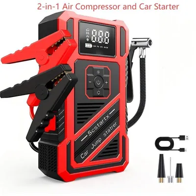 Produktbild von Tragbare Luftpumpe & Starthilfe - CQB-1208 - 150 PSI Kompressor - Startbooster - Powerbank - LED-Licht - Akku-Betrieb - Rot