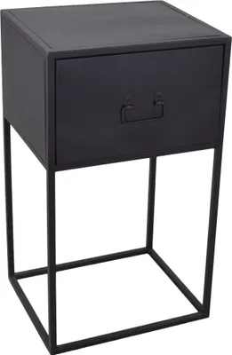 A black metal nightstand with a single drawer and a metal frame base, shown against a white background.