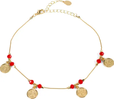 Produktbild von styleBREAKER Damen Fußkettchen mit Münz Anhängern und Perlen, Gliederkette, Karabiner Verschluss, Kette, Schmuck 05080013
