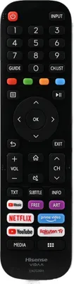 A black remote control with various buttons and app icons.