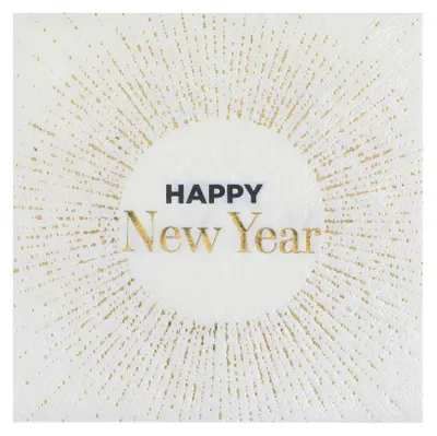 Produktbild von 10 Servietten Silvester "Happy New Year"  weiss gold