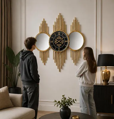 Image de Grande horloge murale, décor doré, miroir, design moderne, mécanisme à engrenages