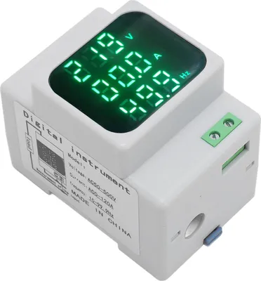 Imagen del producto de Medidor de energía multifunción con pantalla digital, montaje en riel DIN, para medir voltaje, amperaje y frecuencia. Compatible con voltajes de CA de 50-500V y corrientes de 0-120A, y frecuencias de 10-99.9Hz