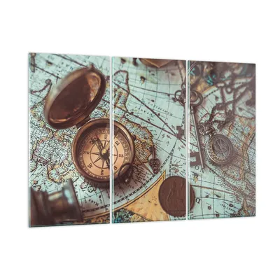 Produktbild von Bilder auf glas - 3 Teile - Kompass Vintage Karte - 105x70cm - Glasbilder - Wandbilder - Bilder - zum Aufhängen bereit - Wanddekoration aus Glas - Glas Bilder - Wandbild auf Glas - GCE105x70-4302