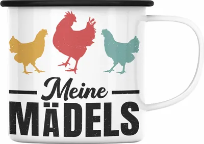 Produktbild von Trendation - Meine Mädels Emaille Tasse Geschenk Spruch Hühner Bauer Bäuerin Landwirt Geschenkidee (Schwarz)
