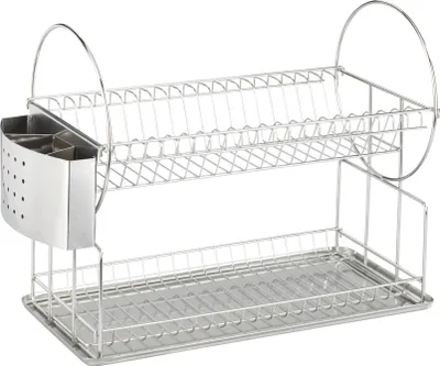 A two-tiered stainless steel dish drying rack with an attached utensil holder.