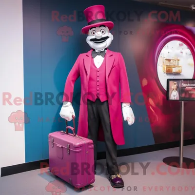 Produktbild von Maskottchenfigur REDBROKOLY eines magentafarbenen Zirkusdirektors mit Oxford-Hemd und Handtaschen