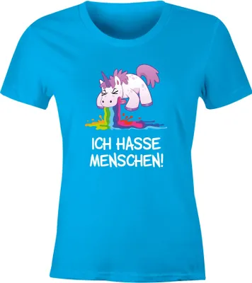 Produktbild von Damen T-Shirt Spruch Ich hasse Menschen kotzendes Einhorn Frauen Fun-Shirt lustig Moonworks® türkis XXL