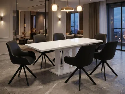 Produktbild von ENDO-Möbel Essgruppe "Appia White" - Esstisch ausziehbar 130-210cm in Weiß Hochglanz für 6 Personen mit Stühlen in PolyurethanKunstleder-Schwarz