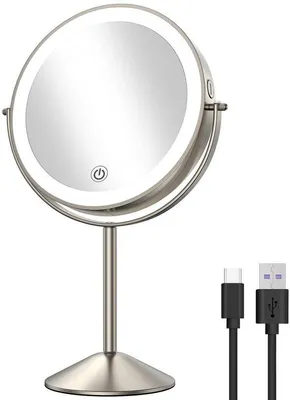 Obrázek produktu pro Zrcadlo 8palcové přenosné kosmetické zrcadlo s osvětlením, 3 barvy, stmívatelné LED, 1x/10x oboustranné zvětšení, otočné o 360° pro použití doma i na cestách, matný nikl