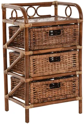 Zdjęcie produktu dla KRINES HOME Rattanowa komoda z szufladami Półka łazienkowa Półka na kosz Szuflady z prawdziwego rattanu o szerokości 46 cm (brązowy, 3 szuflady)