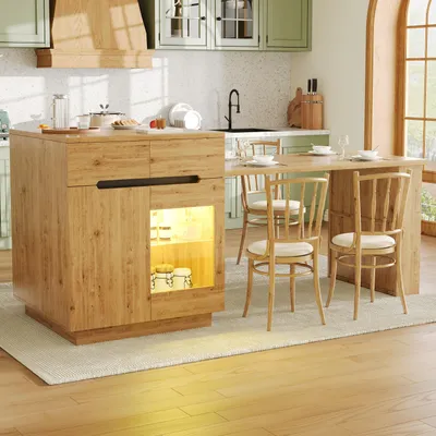 Immagine prodotto di Isola da cucina Flieks con tavolo estraibile, mobile da cucina con illuminazione a LED (controllo tramite app), ante in vetro, carrello di servizio 122(195)x70x93,5 cm, finitura in legno