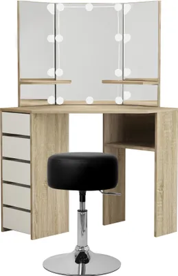 Produktbild von ML-Design toaletný stolík biely-sonoma, toaletný stolík s LED osvetlením, 3 zrkadlá, stolička, 5 zásuviek a 3 odkladacie priestory, 110x141,5x54 cm, kozmetický stolík z MDF dreva